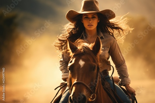 Cowgirl, Attractive girl rider , ranch, riding a horse, pasture, headdress hat, Texas clothes shepherd, female .