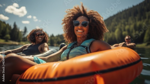 women floating in the lake with life jacket