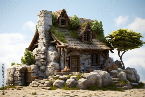 stone age primitive house with sign3d rendering element