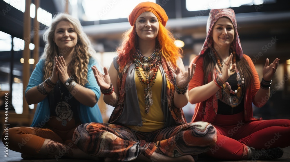 three women doing yoga