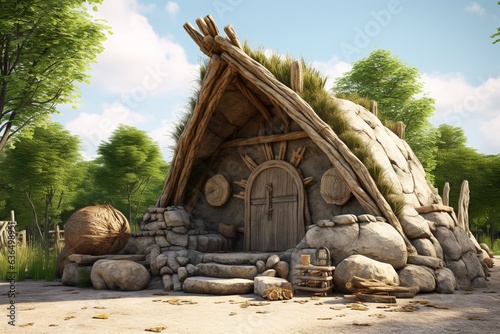 stone age primitive house with sign3d rendering element photo