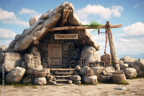 stone age primitive house with sign3d rendering element photo