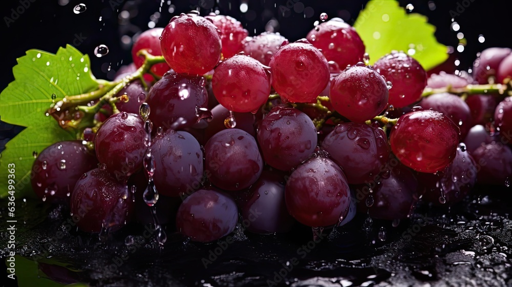 flying fresh grapes exposed to splashing water on black background and blur flying fresh grapes exposed to splashing water on black background and blur