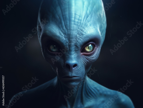 close up portrait of a blue alien male with alien eyes