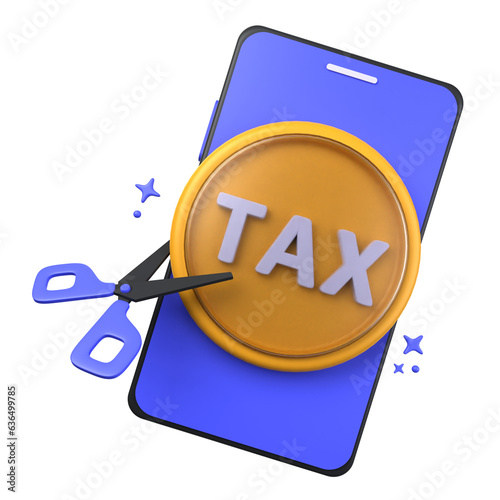 tax cut of 3d illustration isolated on white background. mobile phone, scissors. Tax 3D Concept. 3d illustration
