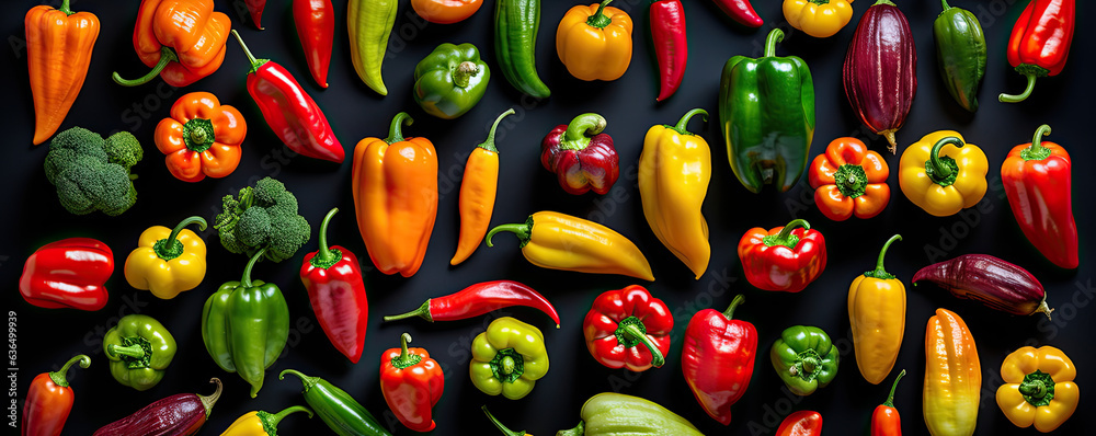 All types of peppers on a dark background