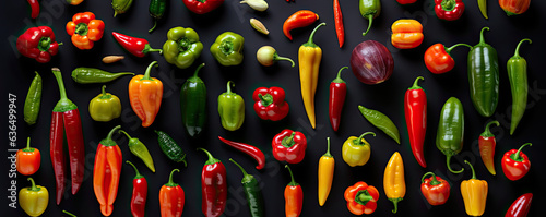 All types of peppers on a dark background