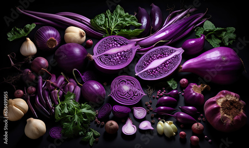 Fototapeta Naklejka Na Ścianę i Meble -  Purple fruits and vegetables on dark background