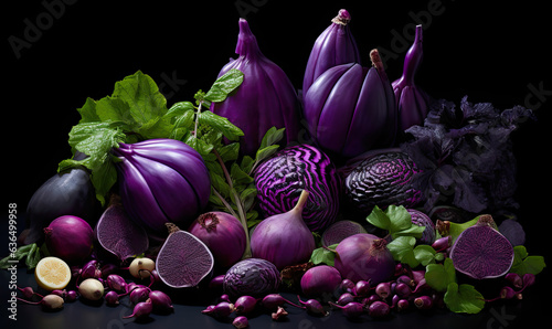 Purple fruits and vegetables on dark background