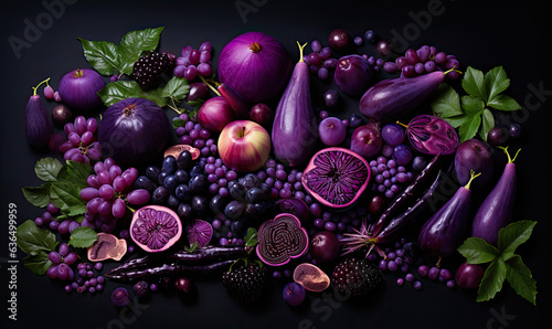 Fototapeta Naklejka Na Ścianę i Meble -  Purple fruits and vegetables on dark background