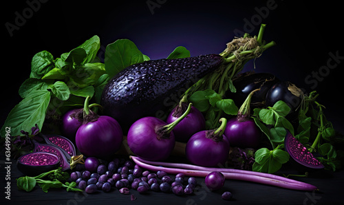 Purple fruits and vegetables on dark background