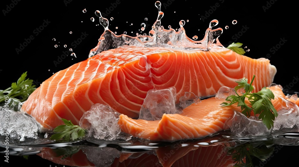 Fresh salmon with lemon slices on wooden table, black and blur background Fresh salmon with lemon slices on wooden table, black and blur background