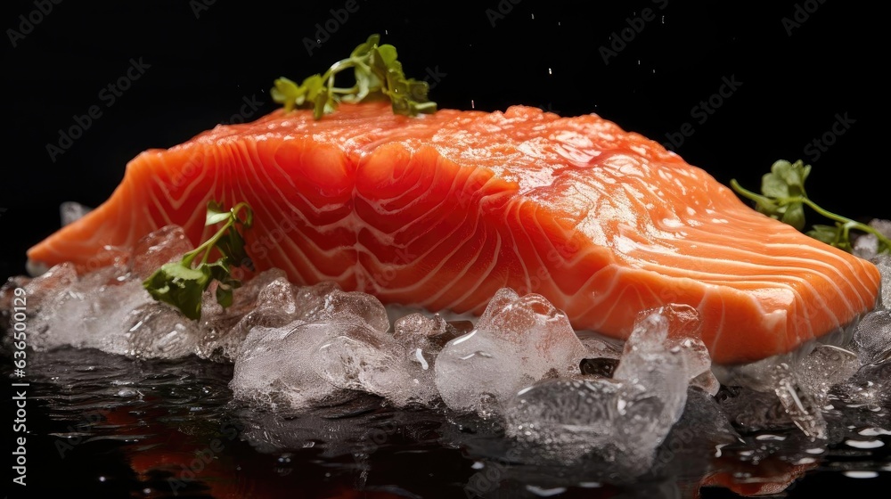 Fresh salmon with lemon slices on wooden table, black and blur background Fresh salmon with lemon slices on wooden table, black and blur background