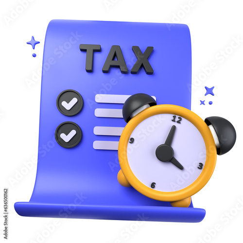 tax time of 3d illustration isolated on white background. paper, list, writing list, wacth, O'clock. Tax 3D Concept. 3d illustration photo