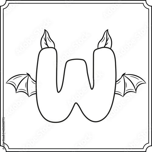 Halloween English Alphabet letter W cute bat theme sketch for coloring