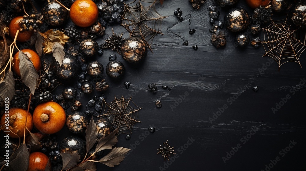 Naklejka premium Happy Halloween flat lay mockup on a black background with decorations, spiders, and a web. idea composition for an autumnal getaway.