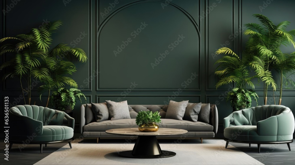 Fototapeta premium Modern living room interior with sofa and green leaf ornament and minimalist design