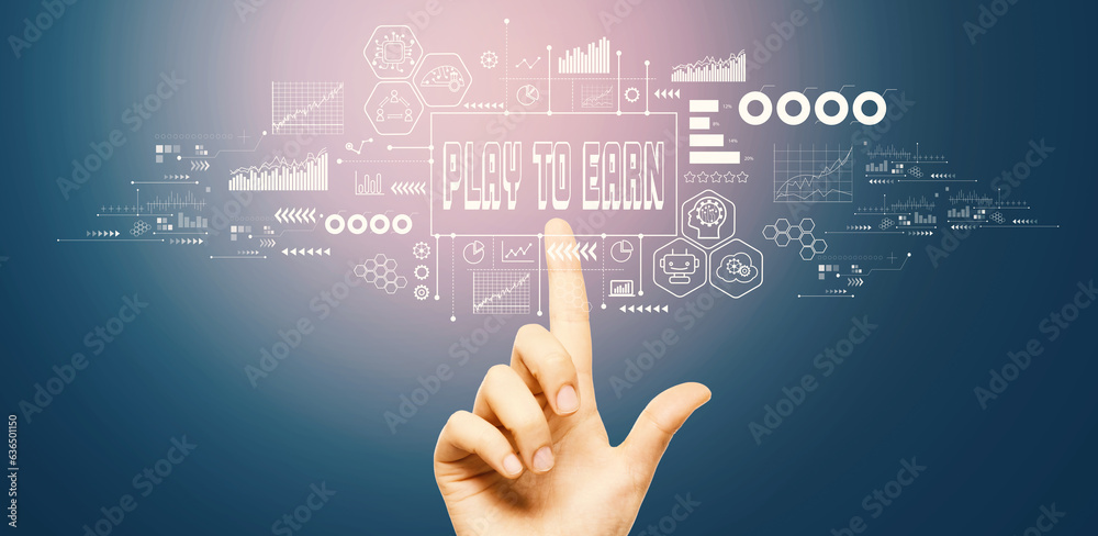 Play to Earn theme with hand pressing a button on a technology screen Play to Earn theme with hand pressing a button on a technology screen
