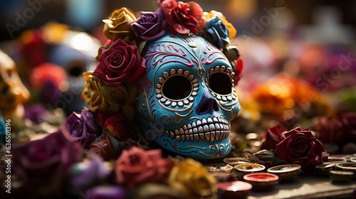 Brightly coloured Day of the Dead Catrina on altar,.