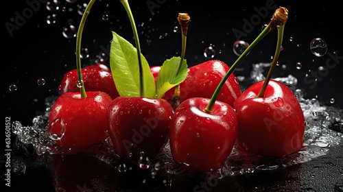 fresh red cherry exposed to water splash on black background and blur