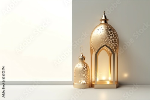 Eid mubarak and ramadan kareem greetings with islamic lantern and mosque. Eid al fitr background. Eid al fitr background of window concept by AI Generated