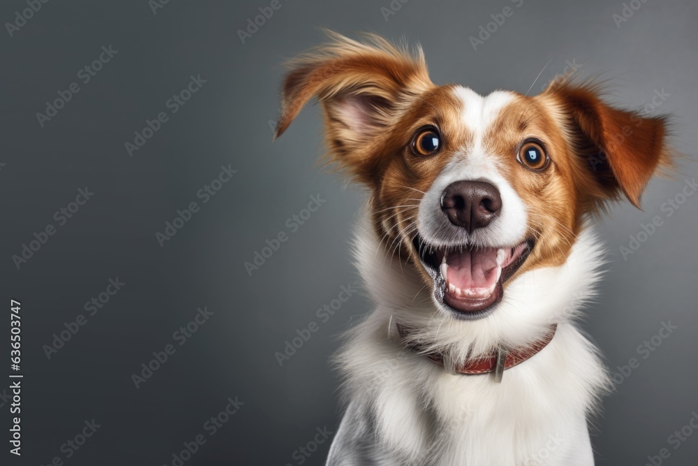 happy playful dog or pet isolated on gray background. Cute, happy, crazy dog headshot smiling on gray background with copy space.