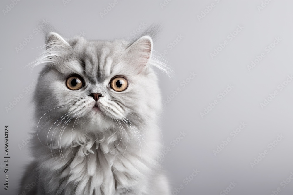 Cute Persian cat fold or pet isolated on gray background. Cute, happy, Persian cat fold full body on gray background with copy space.