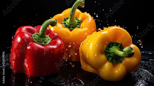 fresh bell peppers on a wooden table on a black background