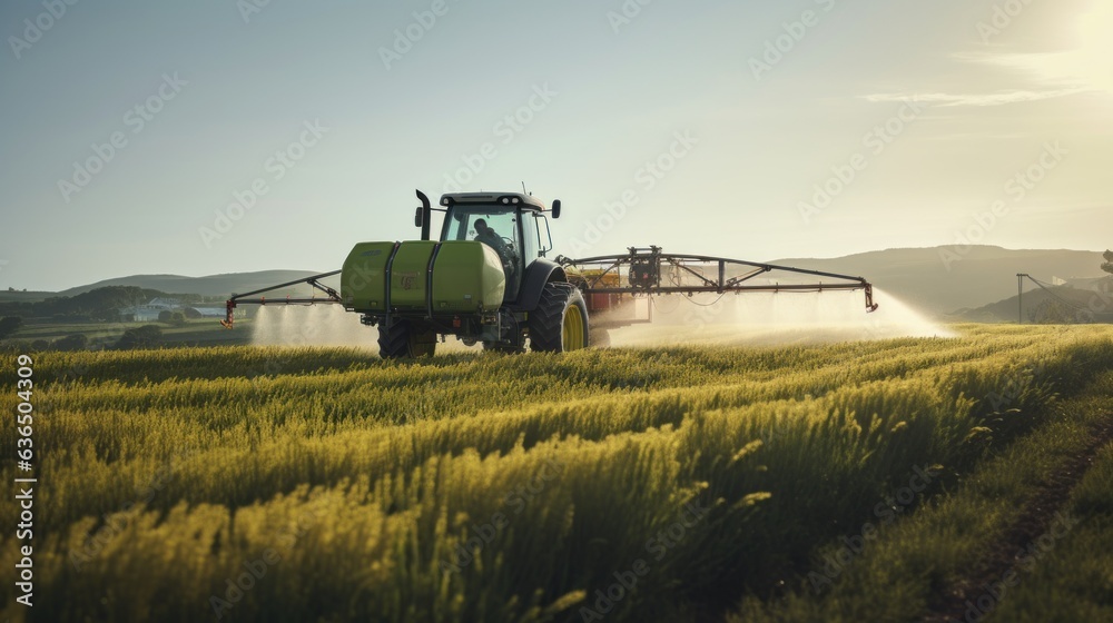 Fototapeta premium Tractor spraying pesticides on a green field, agriculture background photo concept