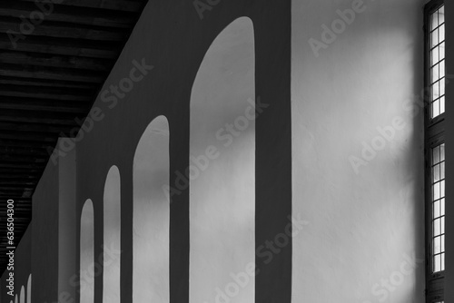 Canvastavla Black and white tone, Interior diminishing perspective, row of vertical columns and arch frame windows along corridor or hallway of vintage european building