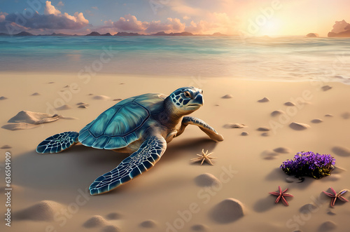 Stunning 3D illustration of sea turtle on sandy beach in morning light, AI geneated photo