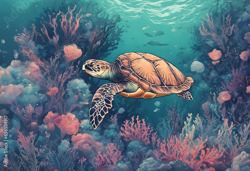 Stunning Japanese lofi illustration of sea turtle swim in coral reef  AI generated