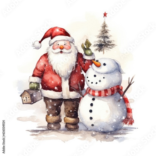 Christmas santaclaus with snowman watercolor. Generative AI
