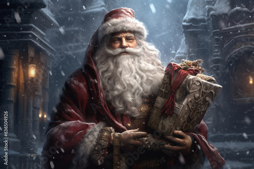 Photo of Santa Claus carrying Christmas gifts