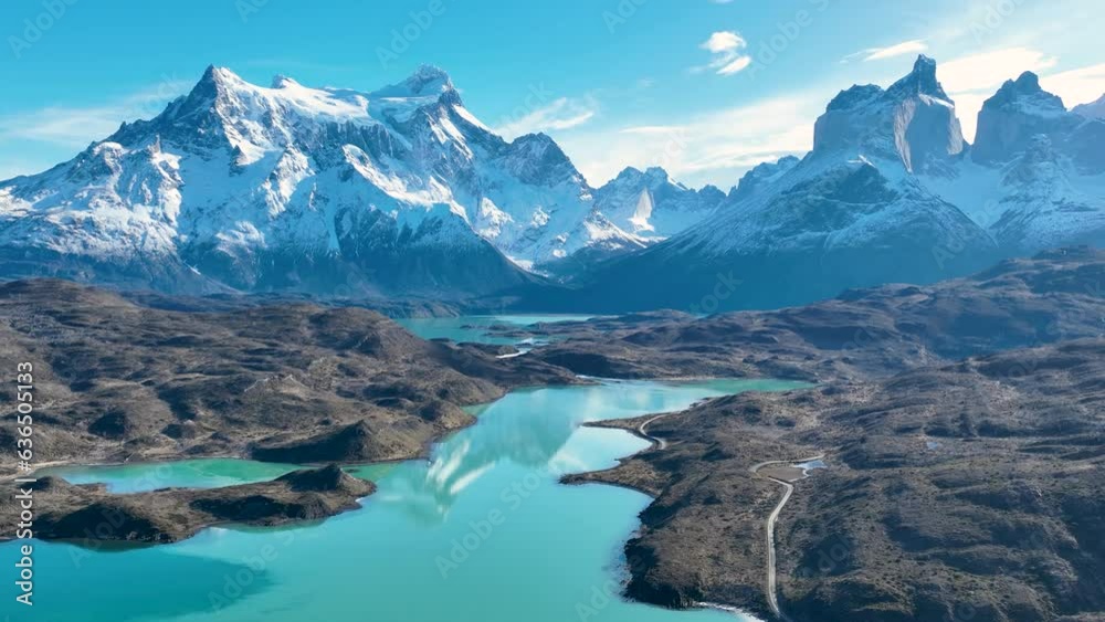 National Park Of Torres Del Paine In Punta Arenas Chile. Snowy Mountains. Glacial Scenery. Punta Arenas Chile. Winter Travel. National Park At Torres Del Paine In Punta Arenas Chile.