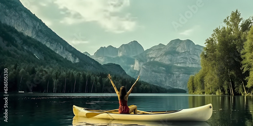 Billede på lærred Young woman riding canoe in lake with background of beautiful landscape