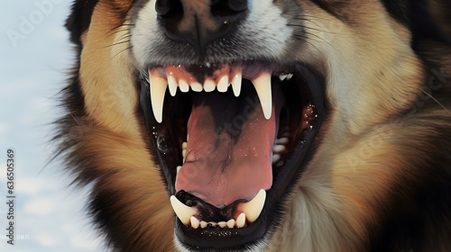 Mouth of aggressive german sheperd dog barking. Rabies infection concept.