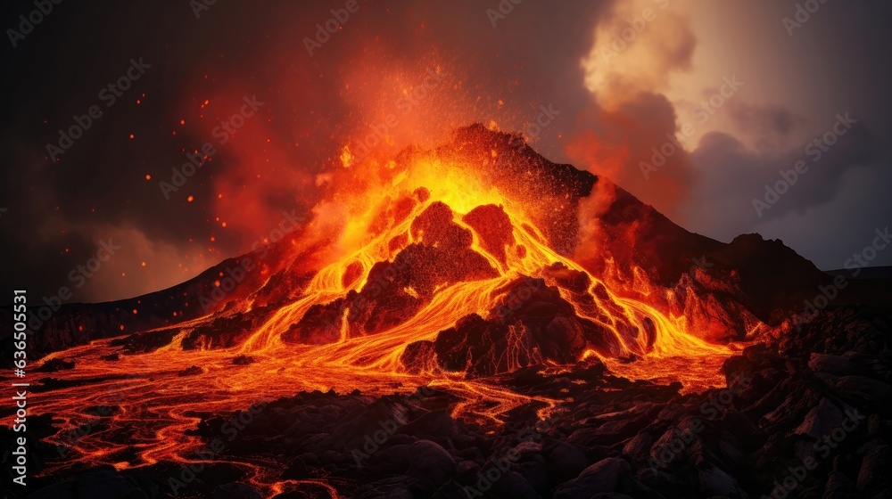 Fiery volcano, bubbling lava, smoking crater.