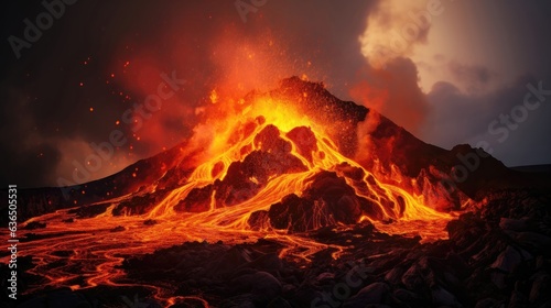Fiery volcano, bubbling lava, smoking crater.