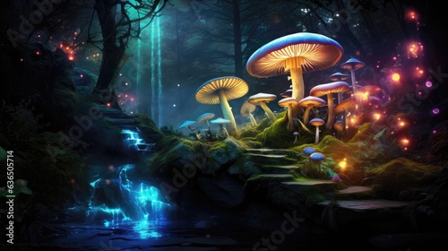 Glowing mushrooms, sparkling crystals, enchanted waterfall.