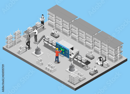 3D isometric automated warehouse robots and Smart warehouse technology Concept with Warehouse Automation System, Autonomous robot, Transportation operation service. Vector illustration EPS 10
