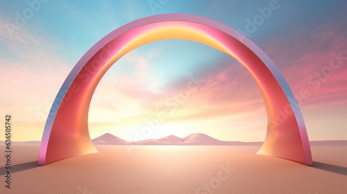 In the midst of the desert's vastness, a gleaming golden arch stands as a testament to vibrant artistry. Crafted in the colorful surrealism style