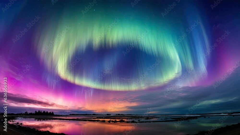 sky adorned, vivid aurora rings encircle, above, a mesmerizing cosmic ballet enchants