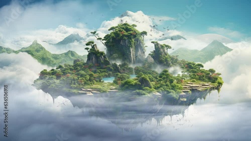 Whimsical isles, suspended by dreams, crowned in emerald flora, embraced by ethereal mist. A gravity-defying symphony of colors, where birds dance free