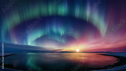 Astonishing sky, Multicolored auroras encircle, while a captivating, cosmic dance unfolds above, a panorama merging cosmic, sea, and sunset hues