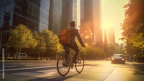 A cyclist in a helmet goes to work with a briefcase in city. Generative Ai © tong2530