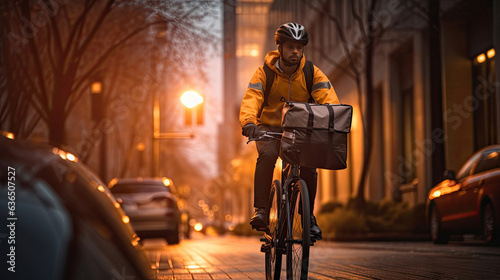 A male courier with bicycle delivering packages in city. Generative Ai