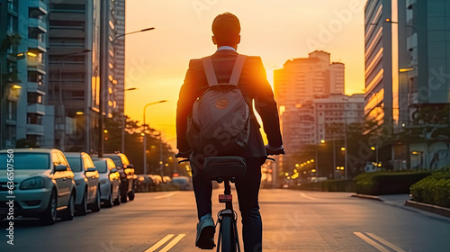 A rear view of businessman commuter with electric bicycle traveling to work in city. Generative Ai © tong2530