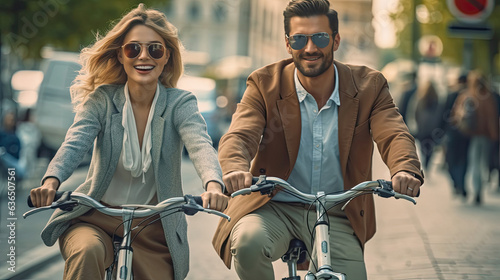 Couple having fun on bicycles traveling together in the city. travel concept. Generative Ai