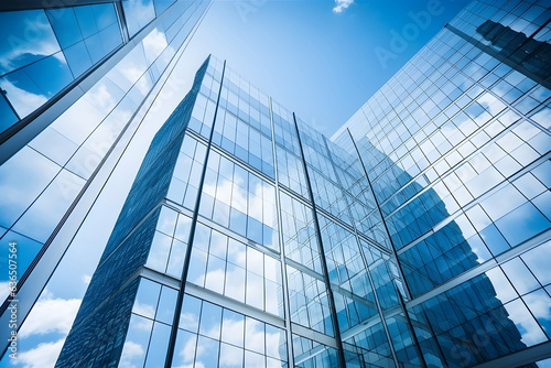 A modern office building blue glass walls of skyscrapers with sun and cloud reflection background.
